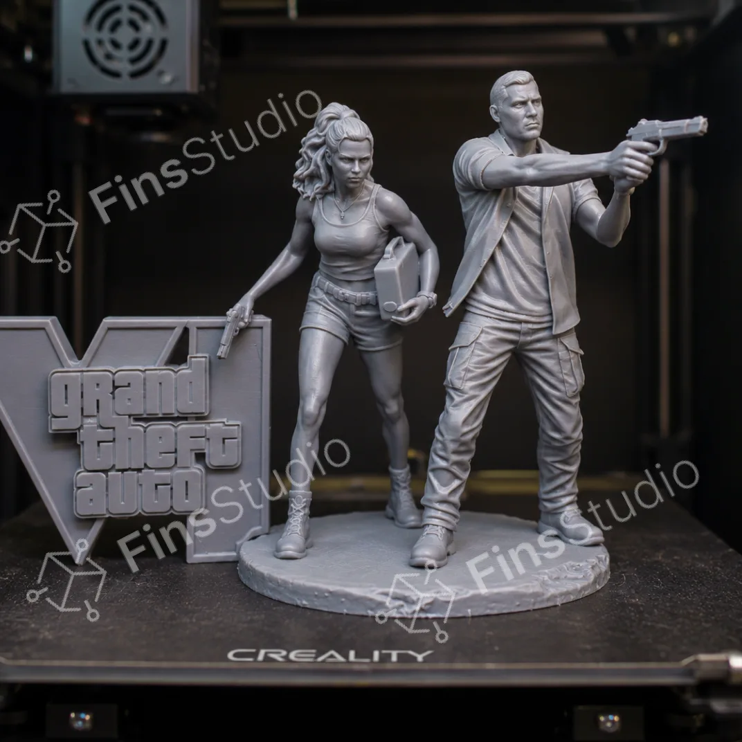 Unpainted 3D printed prototype of the GTA 6 Jason and Lucia figurine fresh off the printer