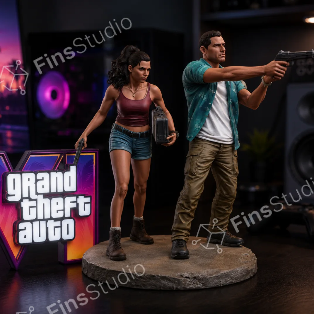 GTA 6 duo figurine displayed on a desk next to a lit-up Grand Theft Auto VI logo sign