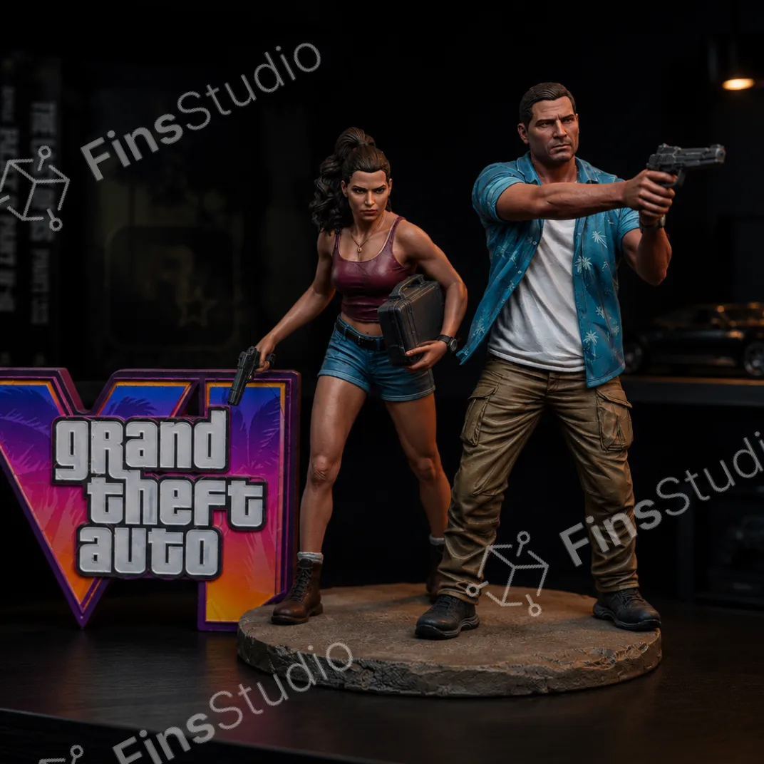 GTA 6 Jason and Lucia figurine in a moody studio setting with a Vice City skyline poster