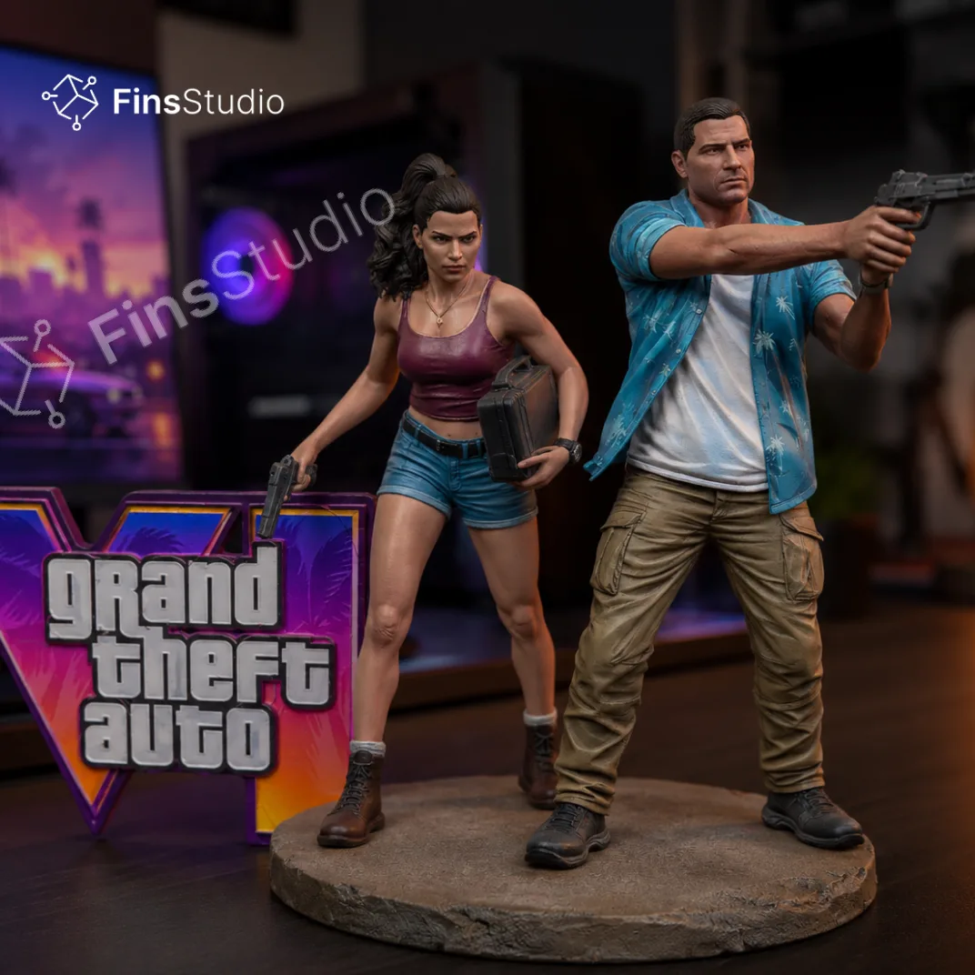 Close-up of the GTA 6 Jason and Lucia figurine with hand-painted detailing