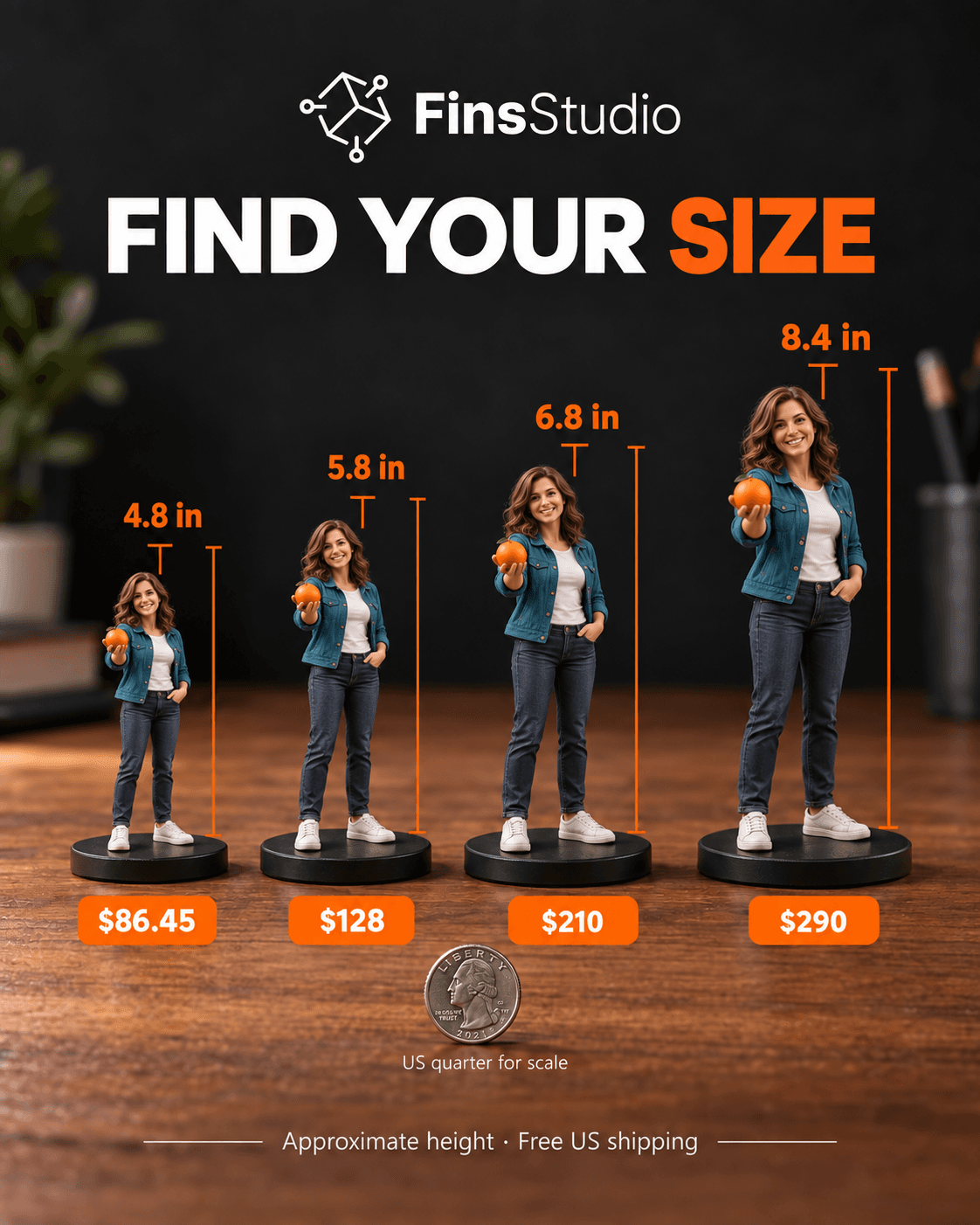 Fins Studio figurine size guide, 4.8 to 8.4 inches with pricing