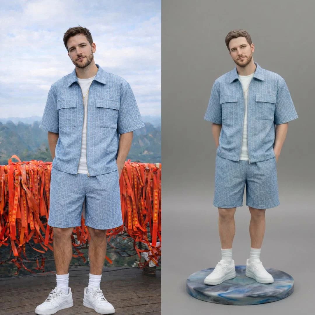 Side by side of a customer's uploaded photo and the finished hand-painted figurine