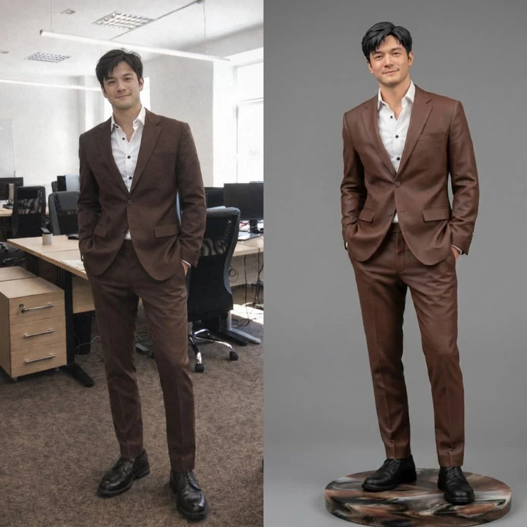 Side by side of a customer's office photo and the finished hand-painted figurine