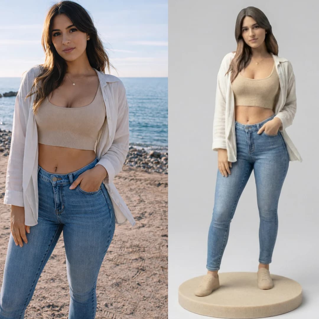 Side by side of a customer's uploaded photo and the finished hand-painted figurine