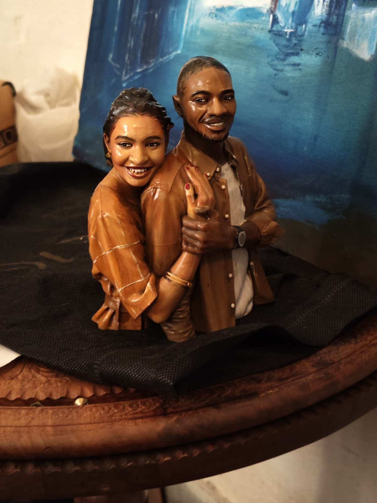 Hand-painted custom couple figurine bust with warm, lifelike skin tones