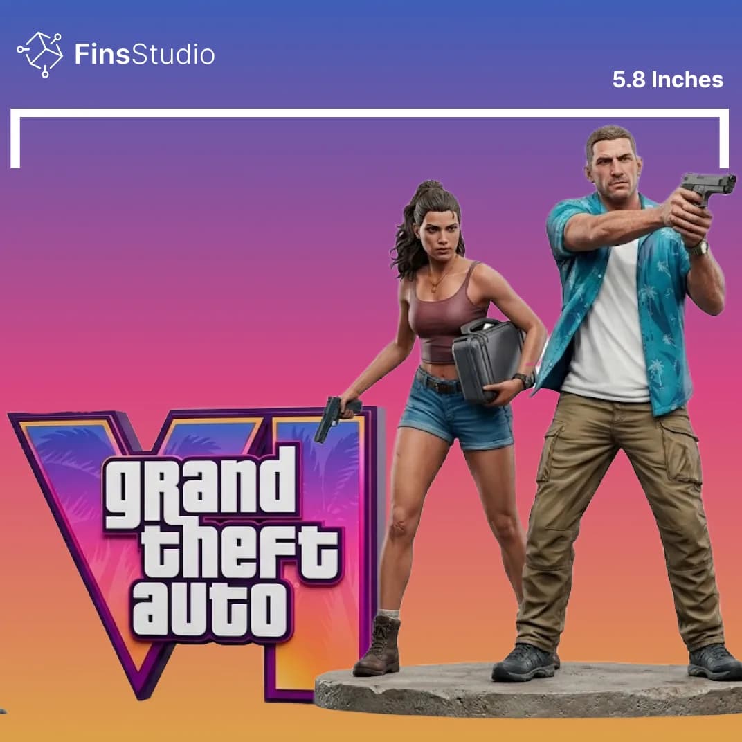 GTA 6 figurine of Jason and Lucia standing in front of the Grand Theft Auto VI logo