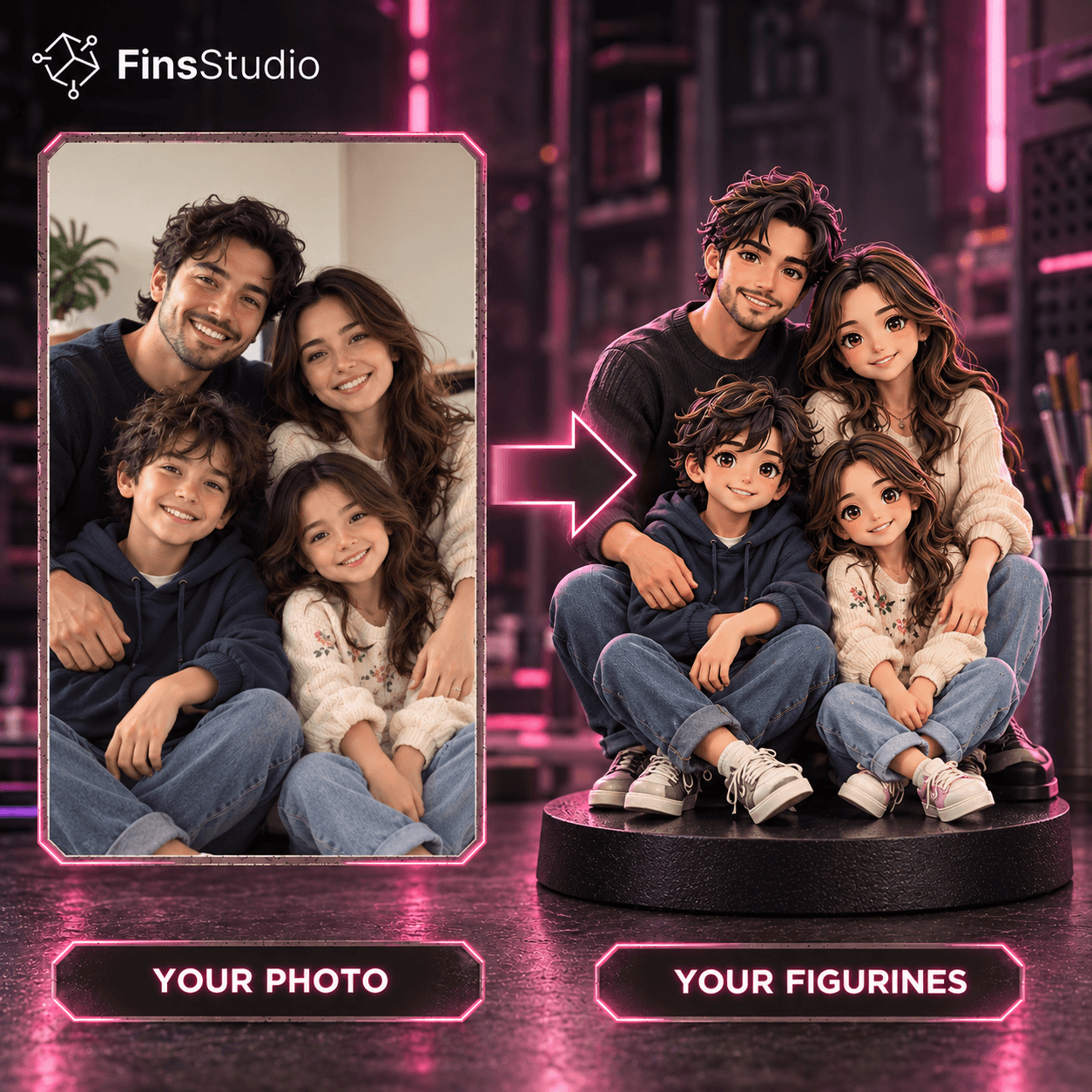Family photo turned into a hand-painted anime-style figurine group by Fins Studio