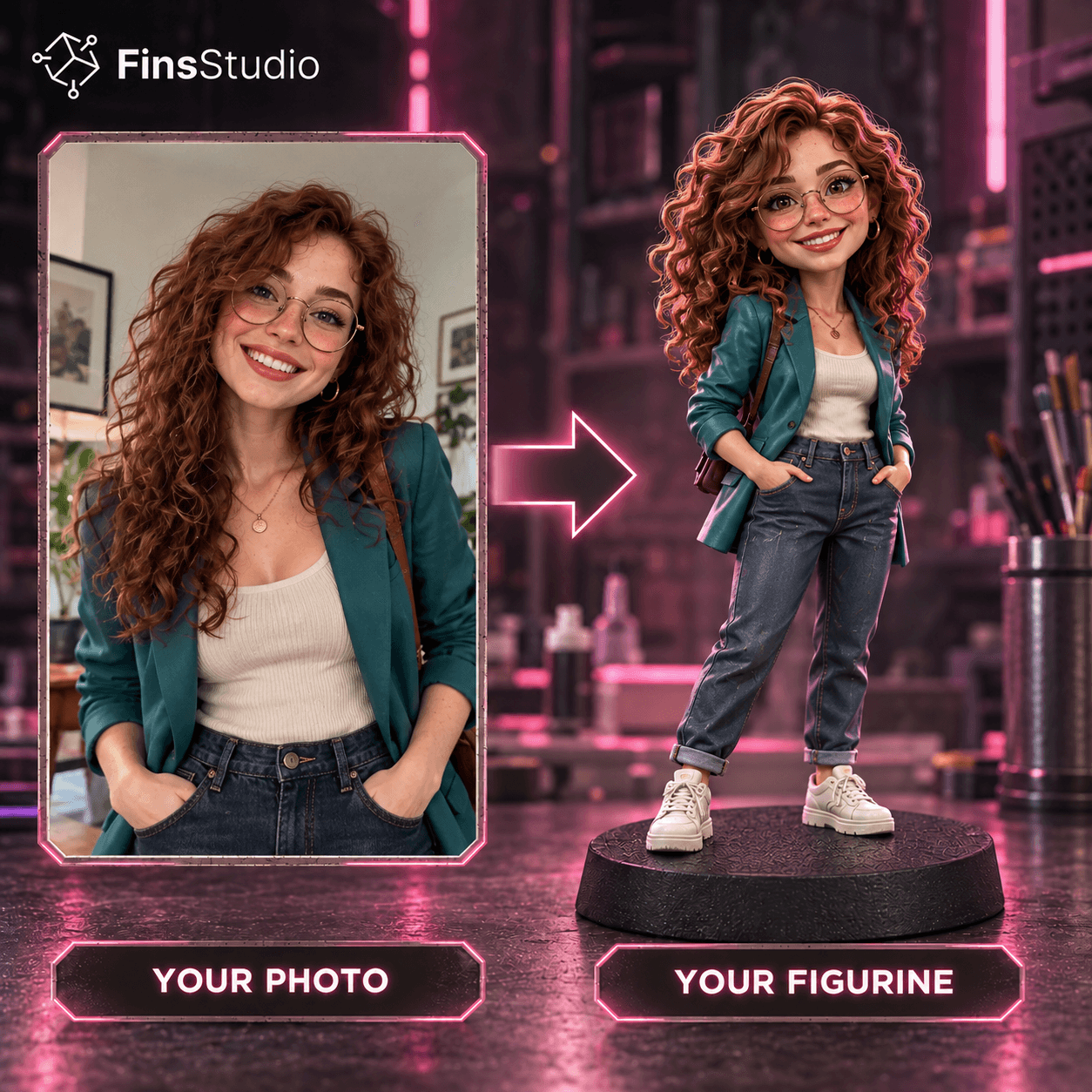 Photo turned into a hand-painted caricature-style figurine by Fins Studio