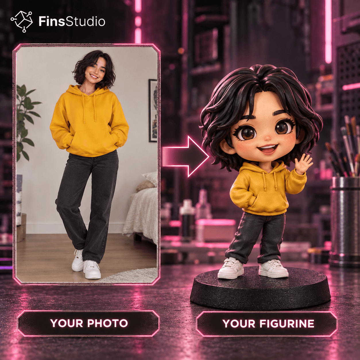 Photo turned into a hand-painted chibi-style figurine with an oversized head by Fins Studio