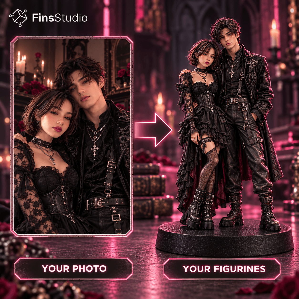 Couple photo turned into a hand-painted gothic-style figurine by Fins Studio