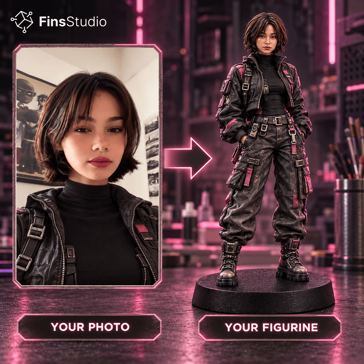 Headshot photo turned into a realistic cyberpunk-style figurine by Fins Studio