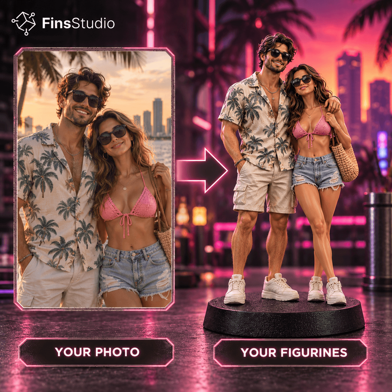 Couple photo turned into a neon Miami-style figurine scene by Fins Studio
