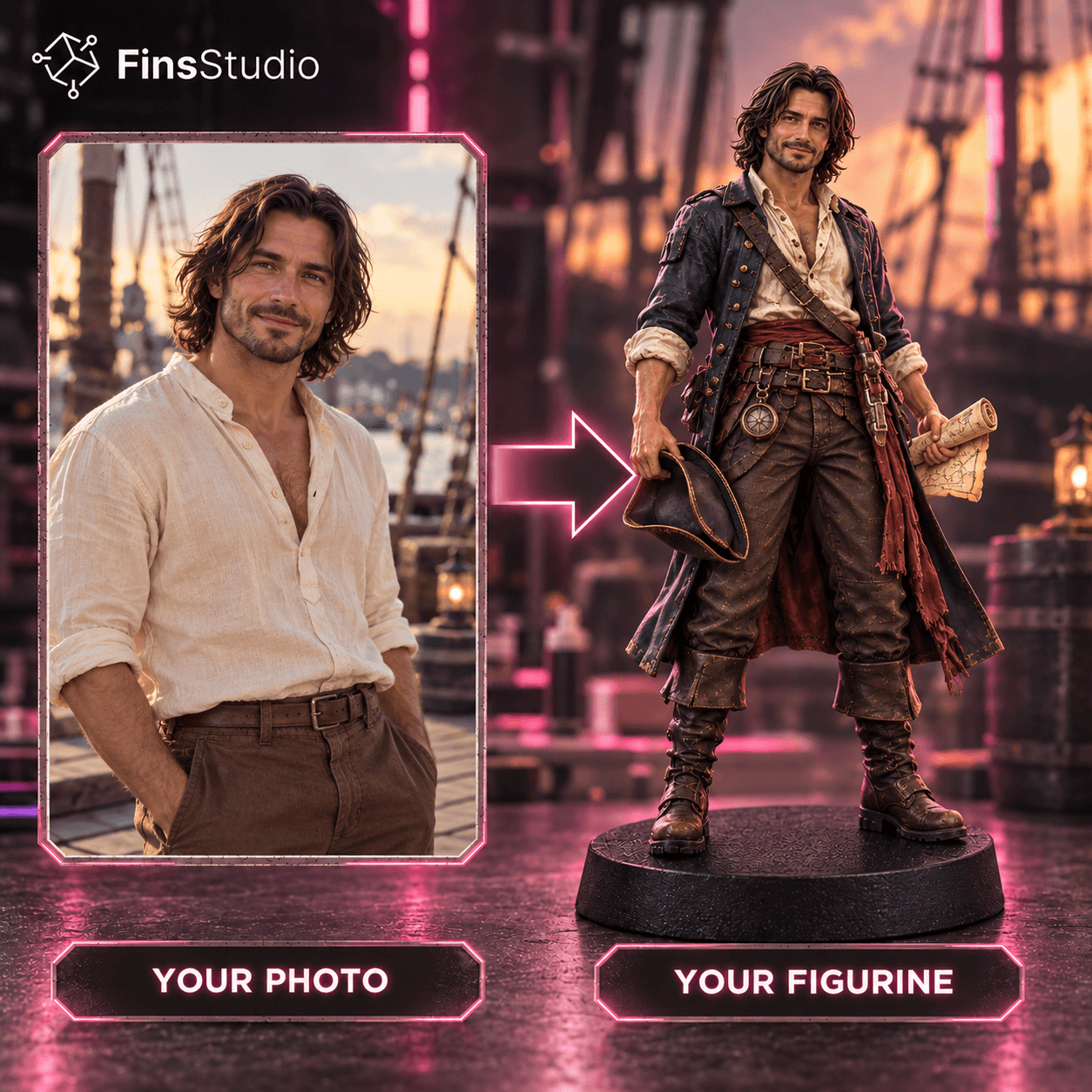 Photo turned into a realistic pirate-style figurine by Fins Studio