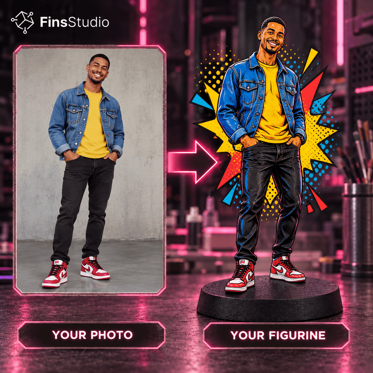 Photo turned into a bold comic-book pop art style figurine by Fins Studio