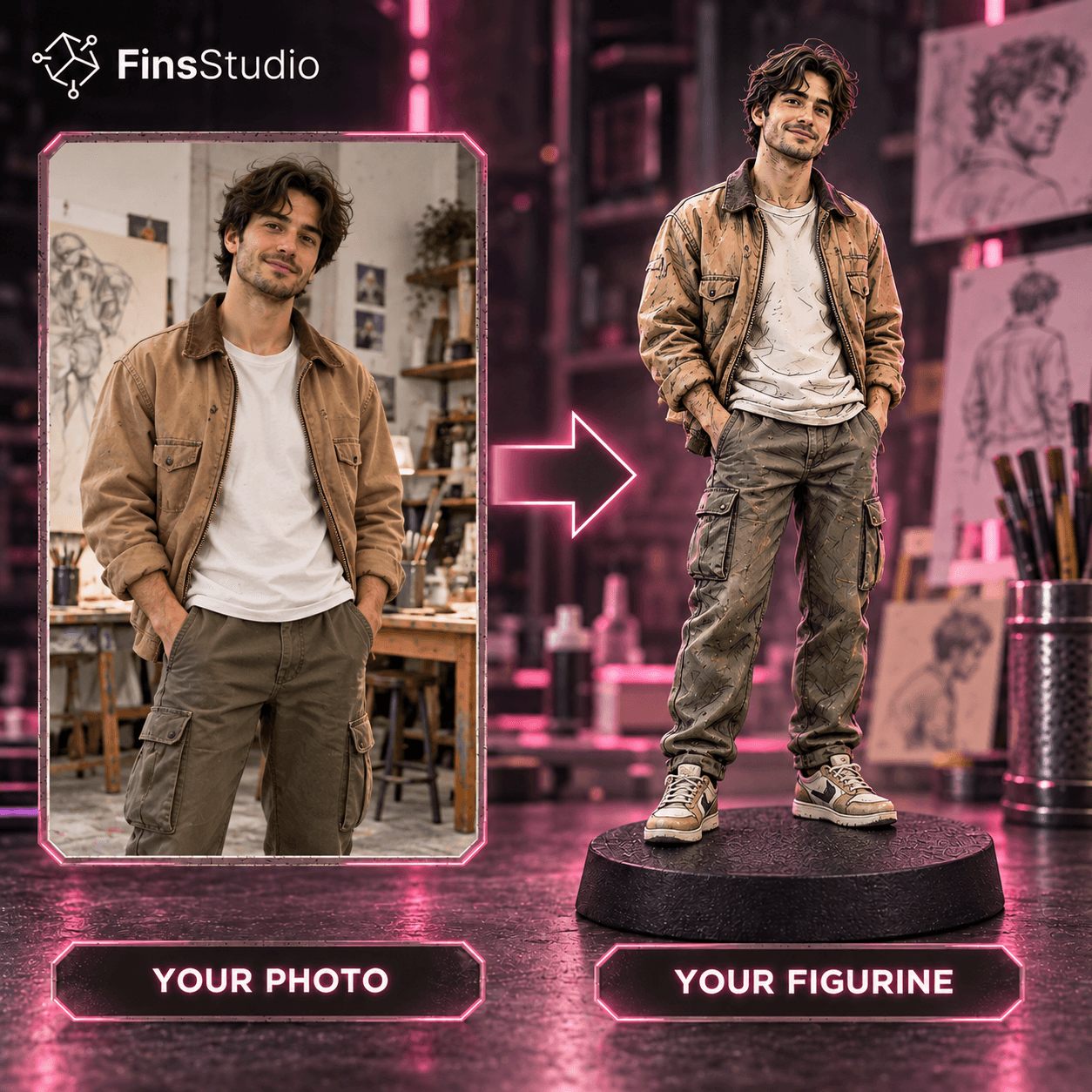 Photo turned into a realistic hand-painted portrait figurine by Fins Studio