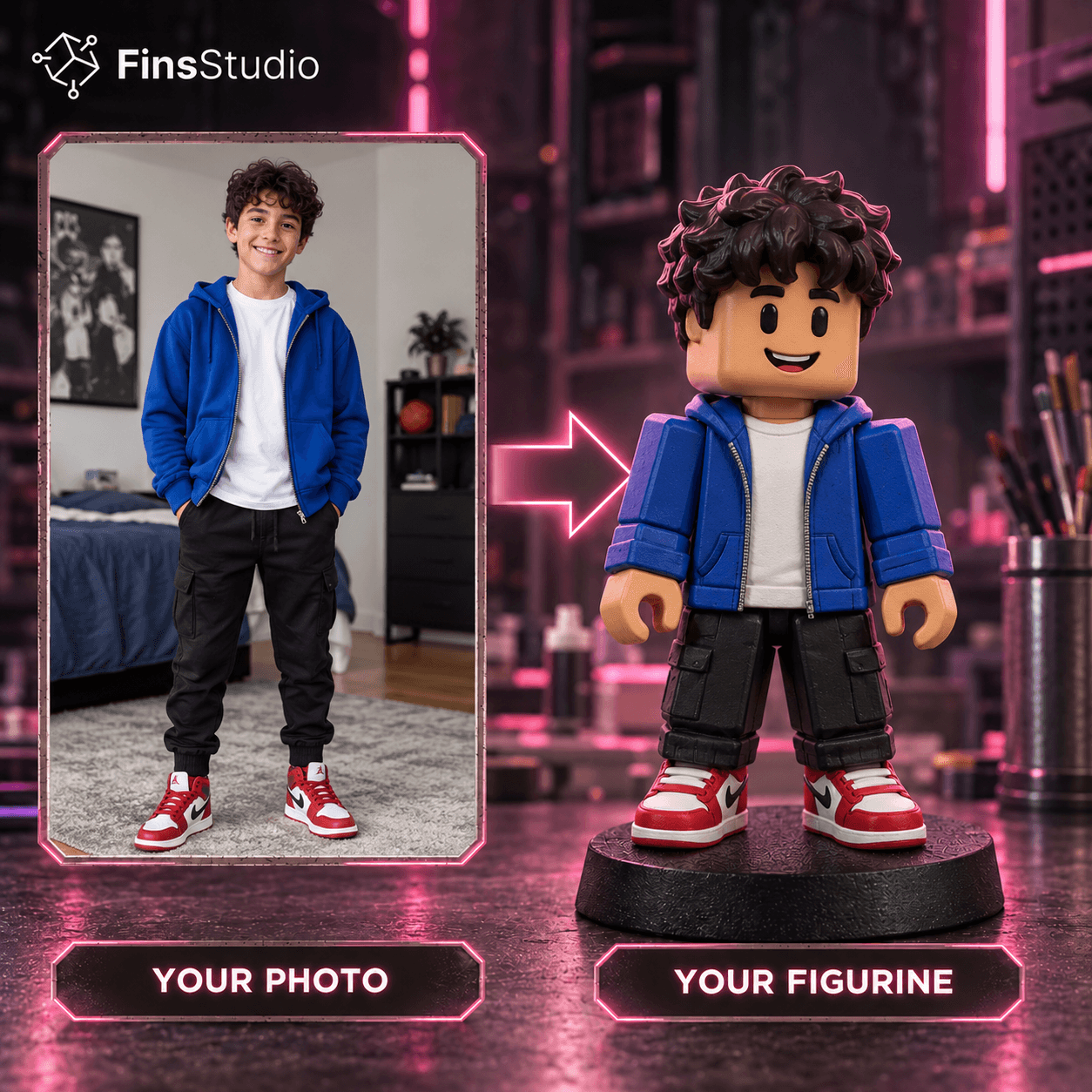 Photo turned into a blocky video-game-avatar style figurine by Fins Studio