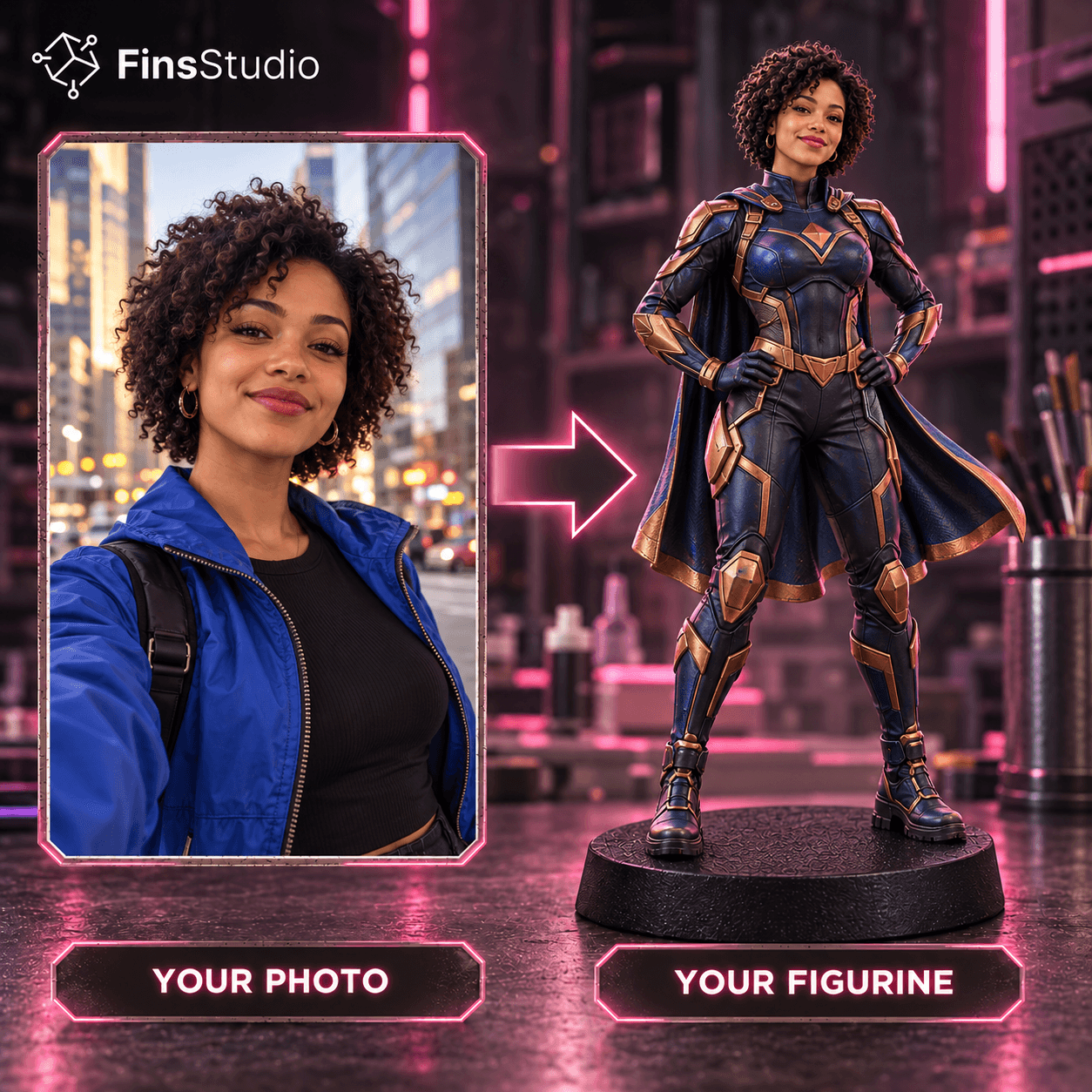 Photo turned into an original superhero-style figurine by Fins Studio